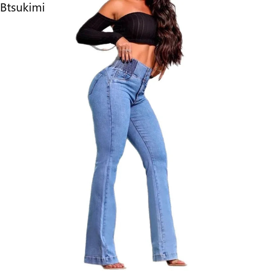 Spring Fashion Women's Casual Jeans Button Front Elastic High Waist Denim Pants for Women Sexy Elegant Female Trousers