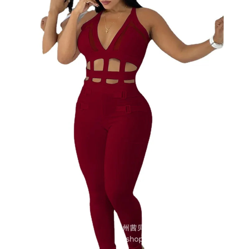 Women's Jumpsuit Summer New Sleeveless New Fashionable Hollow Camisole Buckle Comparison Mesh Tight Jumpsuit