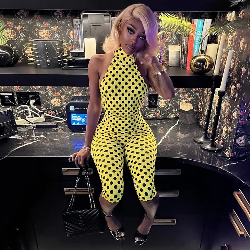 FAGADOER Fashion Color Dot Printing Bodycon Jumpsuits Woman Halter Sleeveless Backless Rompers Female Streetwear Overalls