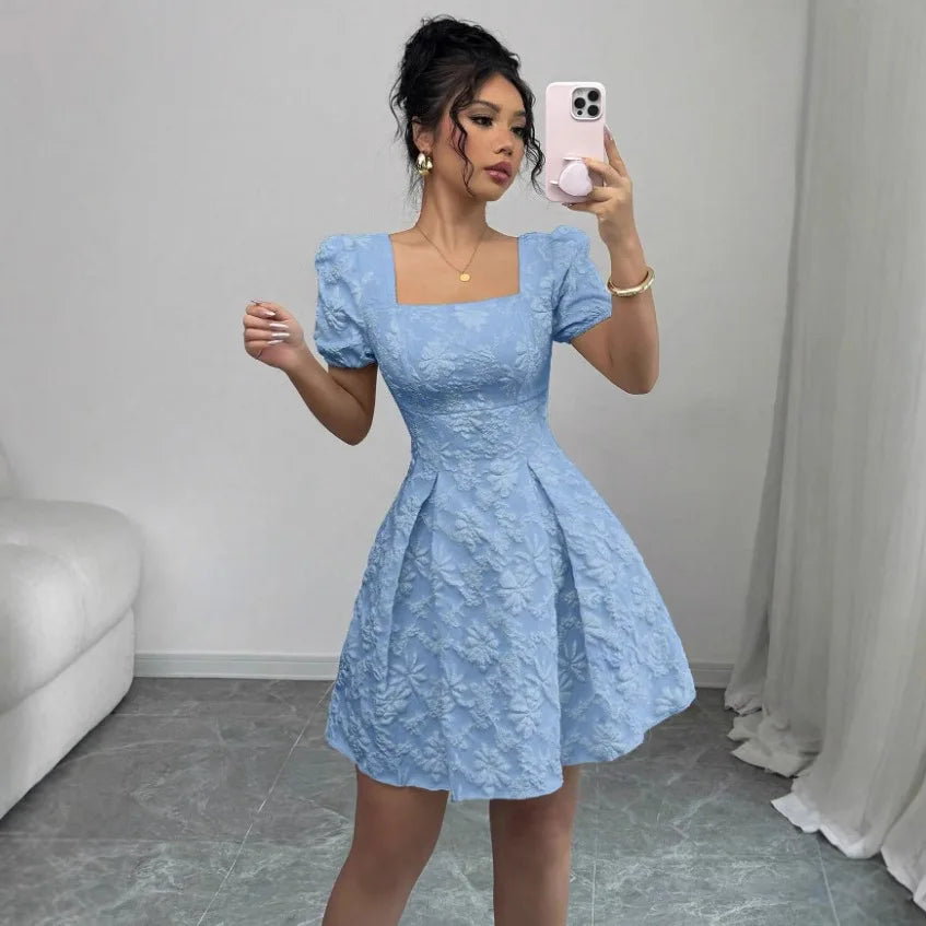Boho Dresses for Women Summer Square Neck Short Sleeve A-Line Dress Women's Office Commuting Versatile Beach Vacation Dress