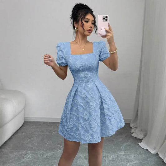 Boho Dresses for Women Summer Square Neck Short Sleeve A-Line Dress Women's Office Commuting Versatile Beach Vacation Dress