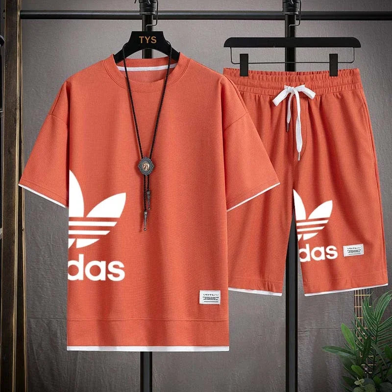 New Men's pullover sportswear Set, fashionable basketball men's casual short-sleeved T-shirt + shorts two-piece set