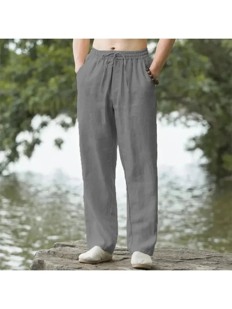 2026 New Men's Cotton and Linen Casual Pants, Straight-Leg, Simple and Comfortable, with Drawstring Waist