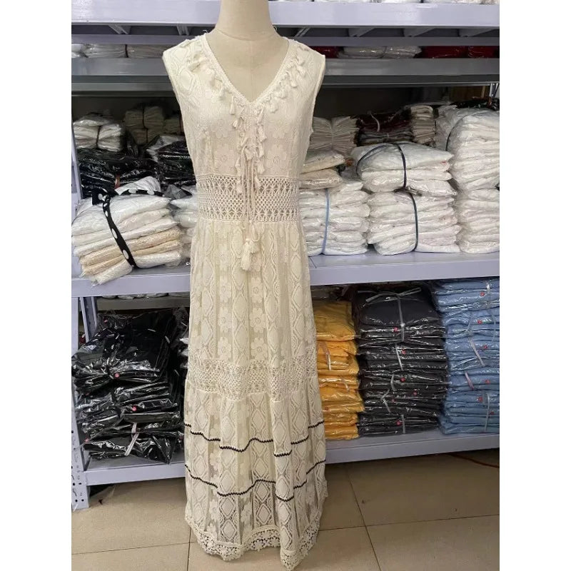 Women's Summer Boho Dresses Sexy V-Neck Sleeveless Lace Casual Tassel Beach Spaghetti Straps Flowy Swing Ruffle Maxi Sun Dress