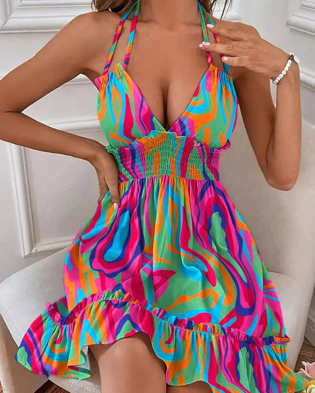 Summer New Trendy Women's Dresses V-Neck Sleeveless Halter Backless Sundress Ruffles Holiday Beach Dresses