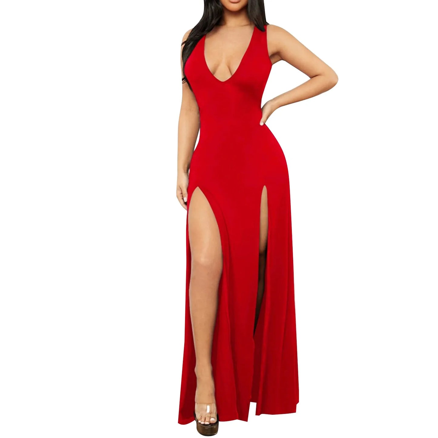 Sexy High Slit Women's Dresses 2025 Summer Deep V Neck Casual Blue Party Evening Dresses Elegant Bodycon Slim Night Club Dress