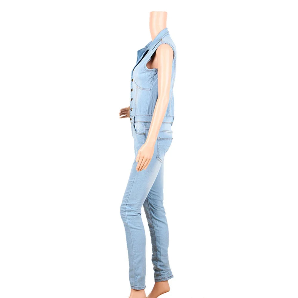 Women's Denim Jumpsuit Sexy Slim Fit Zipper Sleeveless V-Neck High Waist Fashion Jean Pants Romper