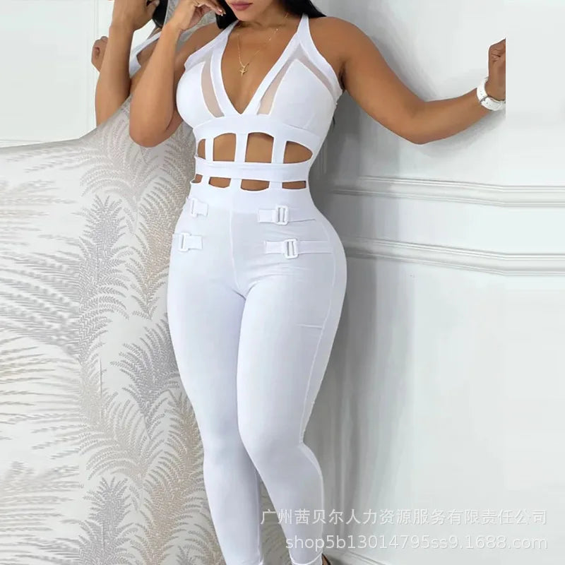 Women's Jumpsuit Summer New Sleeveless New Fashionable Hollow Camisole Buckle Comparison Mesh Tight Jumpsuit