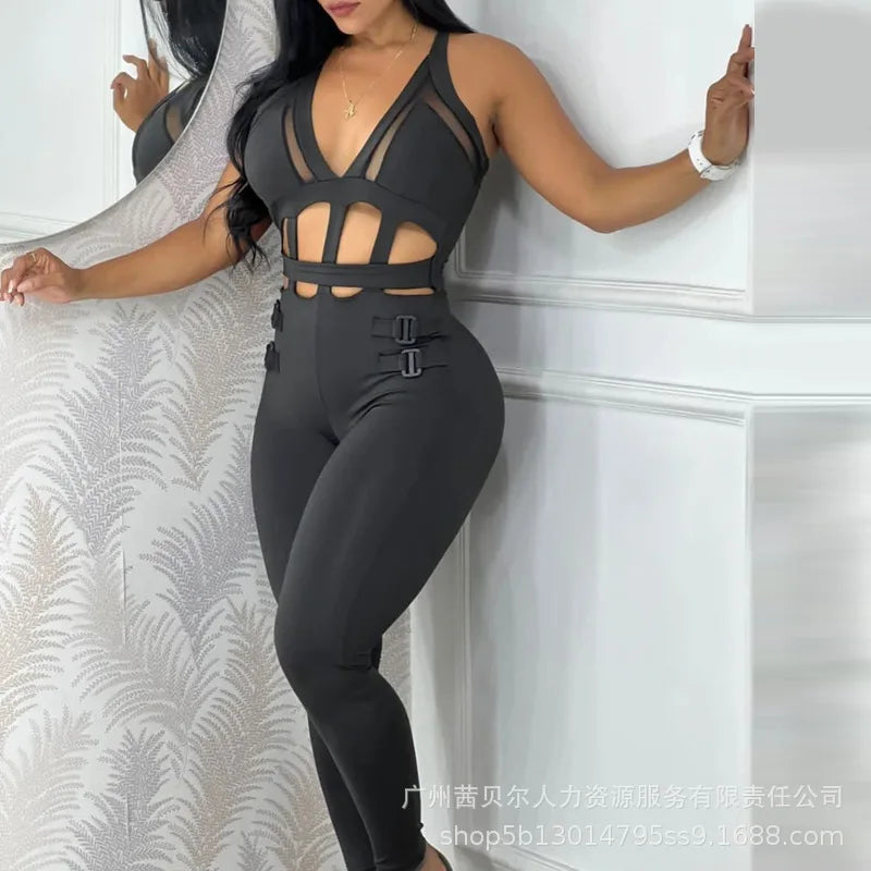 Women's Jumpsuit Summer New Sleeveless New Fashionable Hollow Camisole Buckle Comparison Mesh Tight Jumpsuit