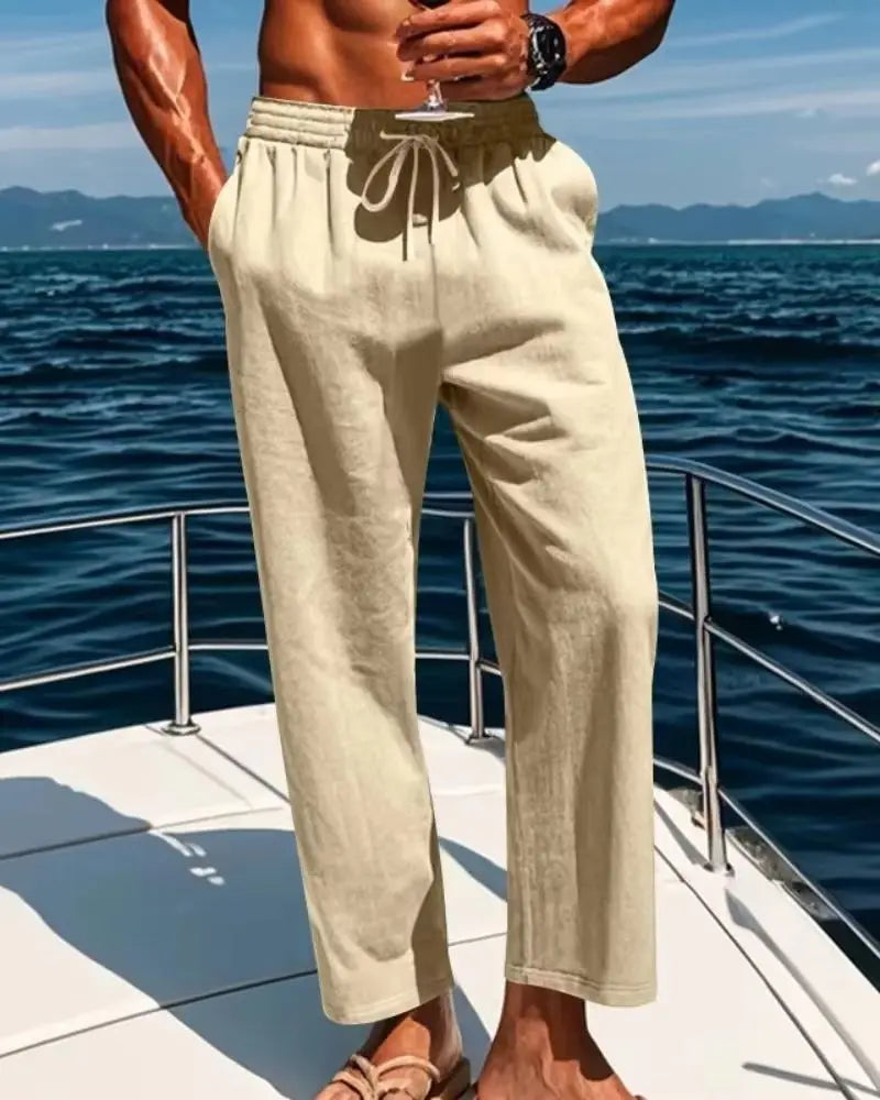 2026 New Men's Cotton and Linen Casual Pants, Straight-Leg, Simple and Comfortable, with Drawstring Waist