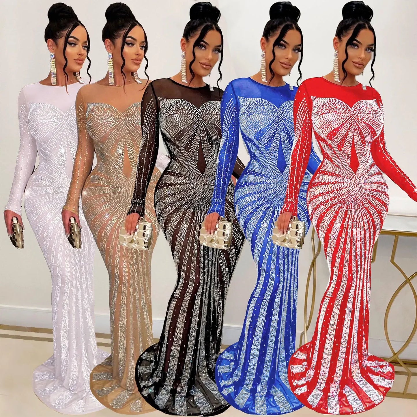 Women's Floor-Length Dress Round Neck Full Sleeve Party Gown Hot Drilling Hip Wrap Sexy Vestidos Evening Slim Fit