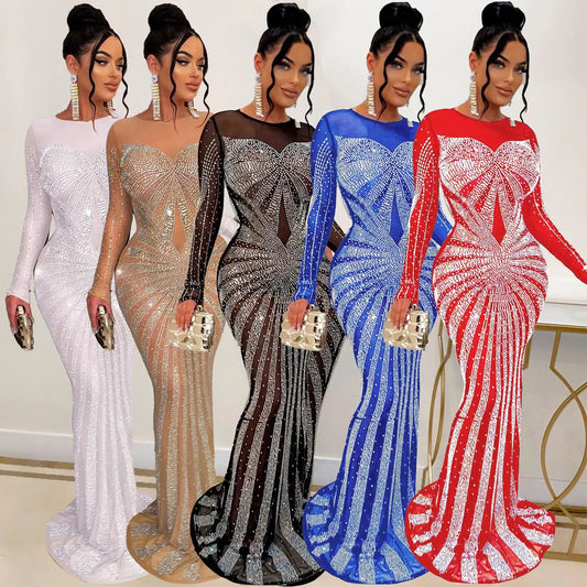 Women's Floor-Length Dress Round Neck Full Sleeve Party Gown Hot Drilling Hip Wrap Sexy Vestidos Evening Slim Fit