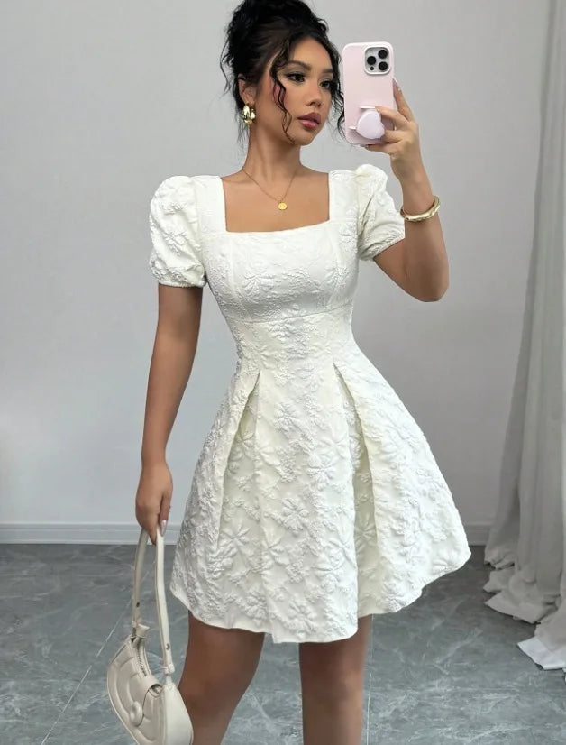 Boho Dresses for Women Summer Square Neck Short Sleeve A-Line Dress Women's Office Commuting Versatile Beach Vacation Dress