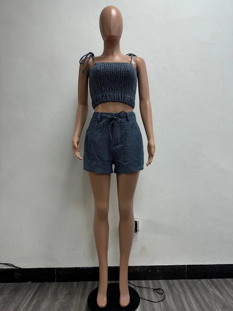 Sexy Jeans Outfit Women Sets Sleeveless Strap Crop Top Shorts Suit 2025 Summer Clothing Casual Denim Short Two 2 Pieces Set