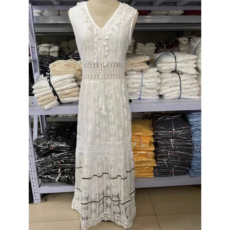 Women's Summer Boho Dresses Sexy V-Neck Sleeveless Lace Casual Tassel Beach Spaghetti Straps Flowy Swing Ruffle Maxi Sun Dress