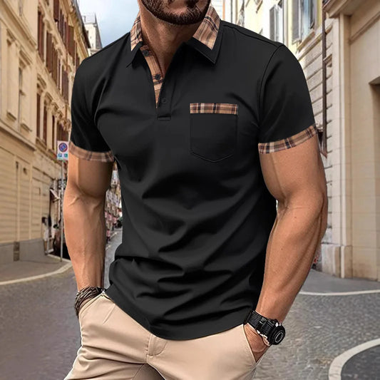 The 2025 Summer New Men's Sporty Casual Comfortable Top is a solid-color patchwork short-sleeved POLO shirt with false pockets