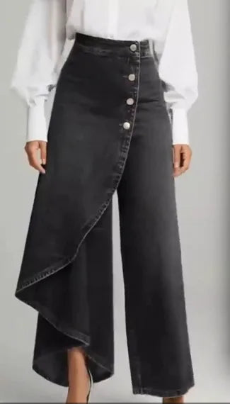 Irregular Imitation Jeans Spring Summer Women's Long Hem Solid Color Casual Single-breasted Loose Trousers