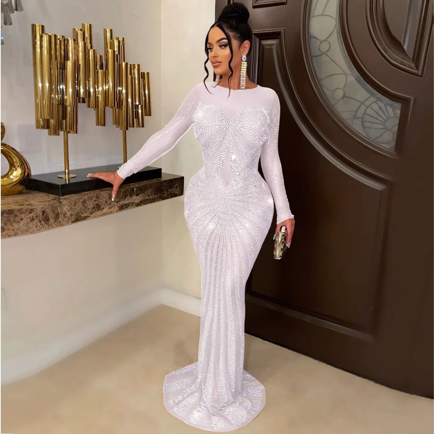 Women's Floor-Length Dress Round Neck Full Sleeve Party Gown Hot Drilling Hip Wrap Sexy Vestidos Evening Slim Fit