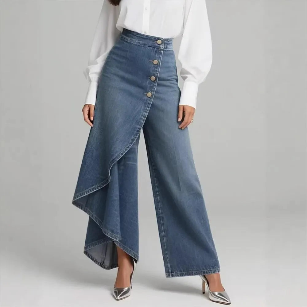 Irregular Imitation Jeans Spring Summer Women's Long Hem Solid Color Casual Single-breasted Loose Trousers