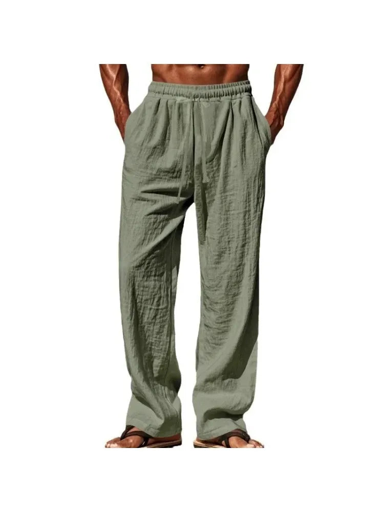 2026 New Men's Cotton and Linen Casual Pants, Straight-Leg, Simple and Comfortable, with Drawstring Waist