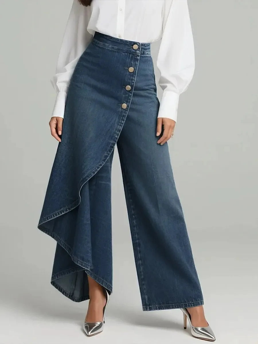 Irregular Imitation Jeans Spring Summer Women's Long Hem Solid Color Casual Single-breasted Loose Trousers