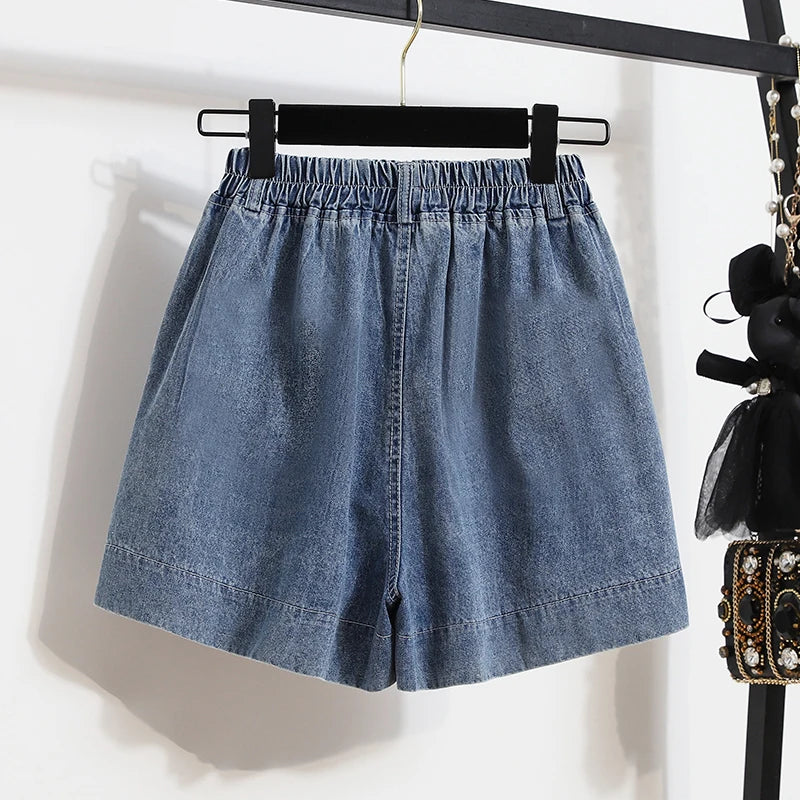Casual Plus Size Summer Denim Shorts Women Loose Wide Leg Jeans Short Pants Female Stretch High Waisted Harem Baggy Shorts Woman