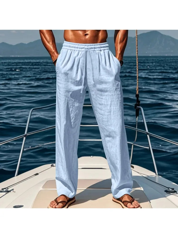 2026 New Men's Cotton and Linen Casual Pants, Straight-Leg, Simple and Comfortable, with Drawstring Waist