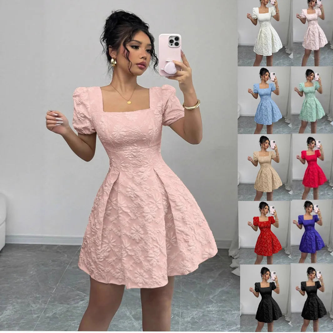 Boho Dresses for Women Summer Square Neck Short Sleeve A-Line Dress Women's Office Commuting Versatile Beach Vacation Dress