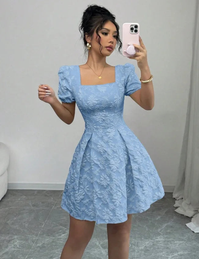 Boho Dresses for Women Summer Square Neck Short Sleeve A-Line Dress Women's Office Commuting Versatile Beach Vacation Dress