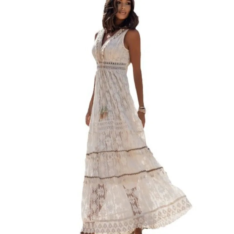 Women's Summer Boho Dresses Sexy V-Neck Sleeveless Lace Casual Tassel Beach Spaghetti Straps Flowy Swing Ruffle Maxi Sun Dress