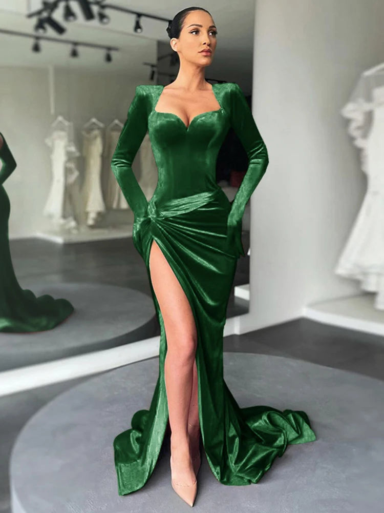 Elegant Cryptographic Gown Long Dress Evening Club Outfits for Women Gloves Sleeve Velvet Sexy Slit Maxi Ruched Dresses