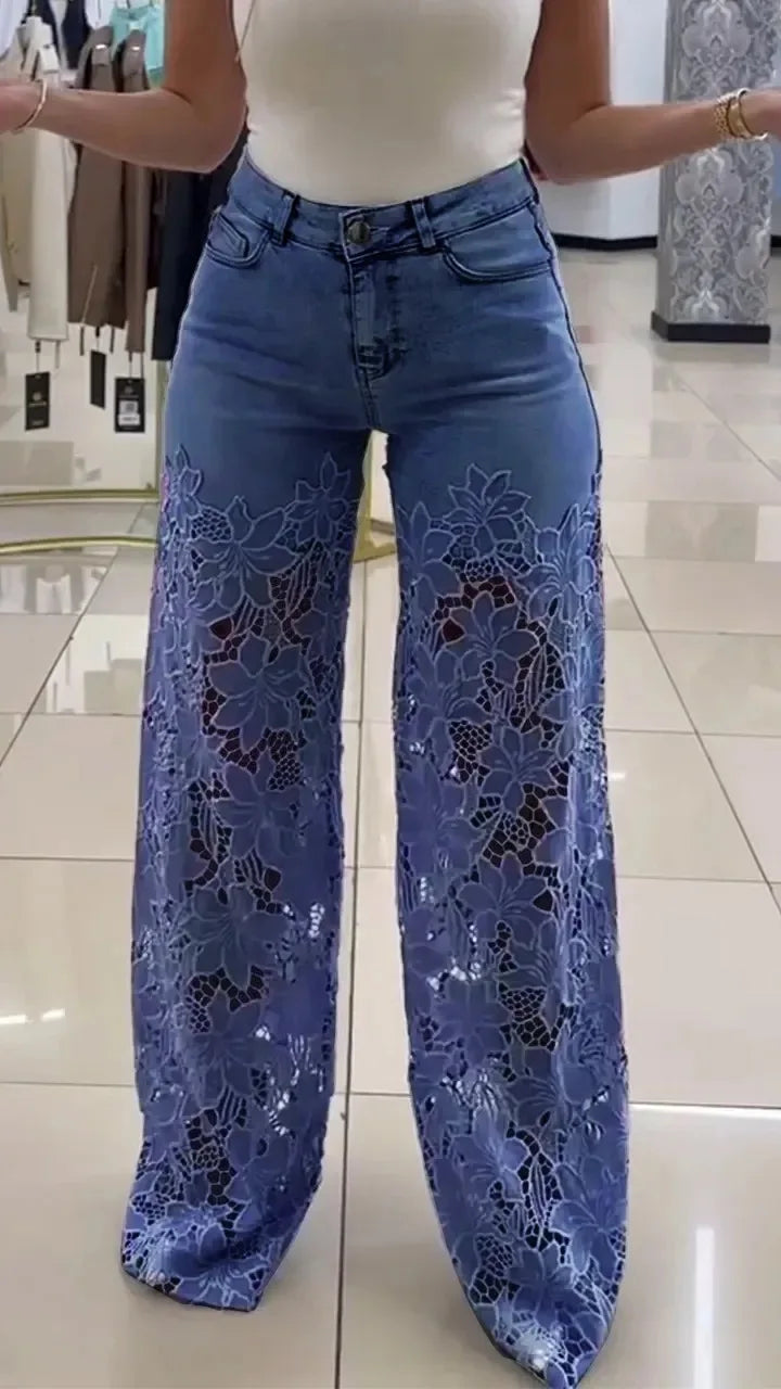 Fashion Elegant Jeans for Women High Waist Lace Patchwork Pants Hollow Out Oversized Spring Casual Loose All Match Pants