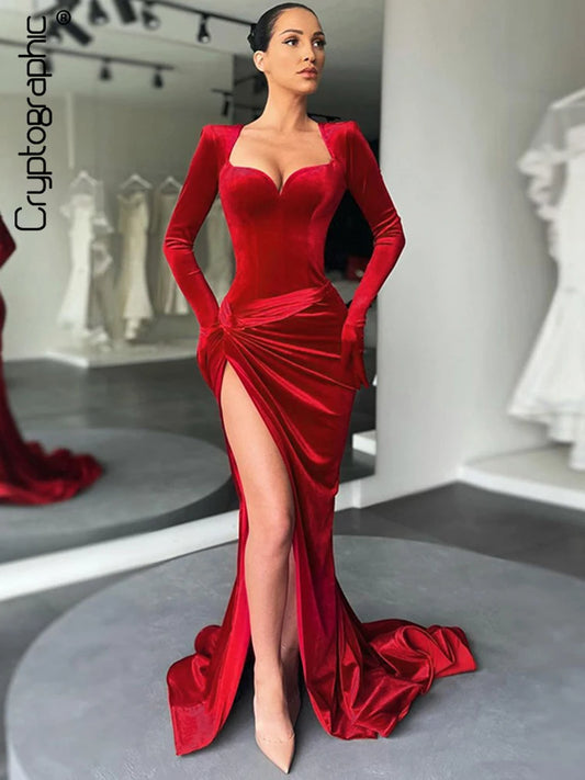 Elegant Cryptographic Gown Long Dress Evening Club Outfits for Women Gloves Sleeve Velvet Sexy Slit Maxi Ruched Dresses