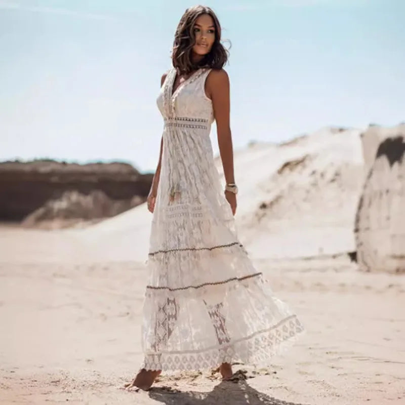 Women's Summer Boho Dresses Sexy V-Neck Sleeveless Lace Casual Tassel Beach Spaghetti Straps Flowy Swing Ruffle Maxi Sun Dress