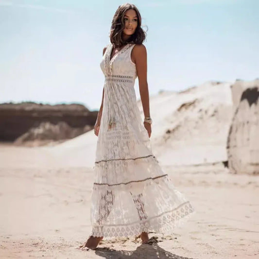 Women's Summer Boho Dresses Sexy V-Neck Sleeveless Lace Casual Tassel Beach Spaghetti Straps Flowy Swing Ruffle Maxi Sun Dress