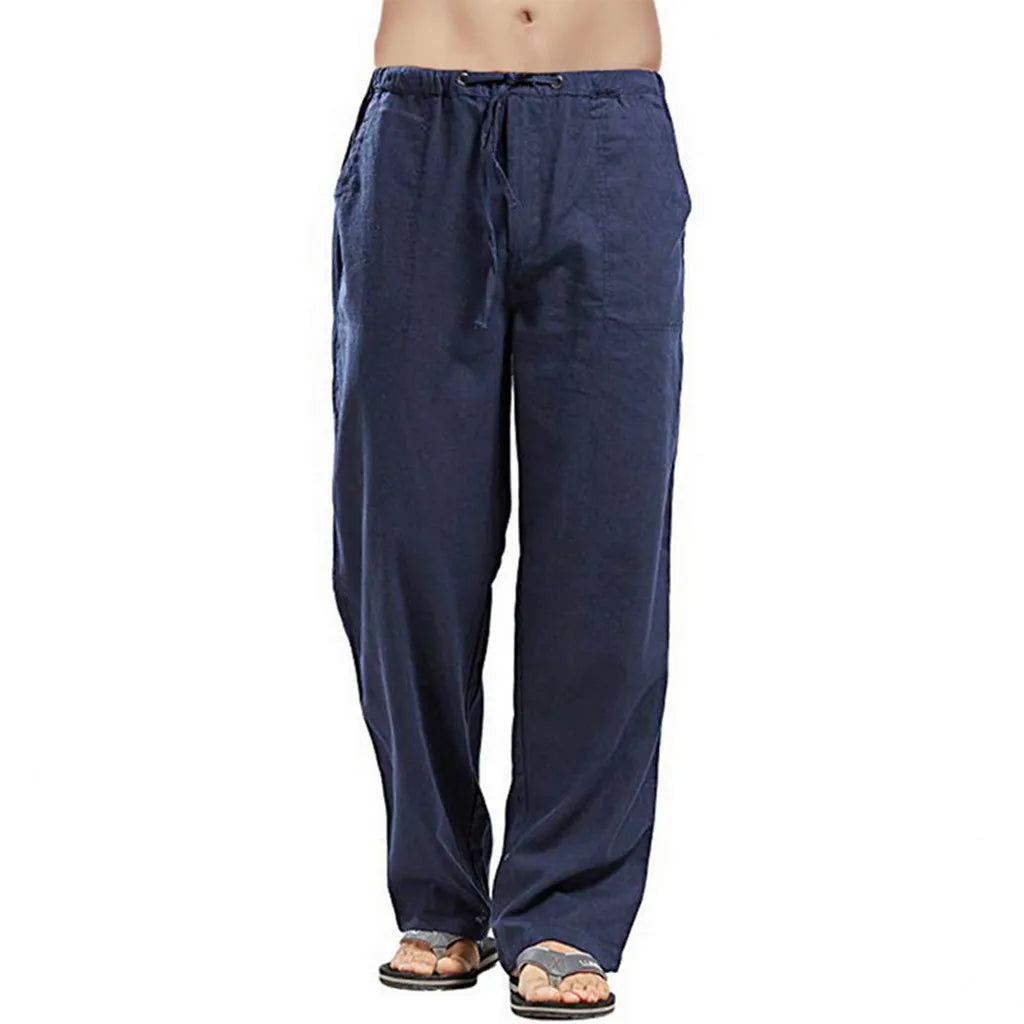 Hot Men Cotton Linen Trousers Solid Color Elastic Waist Loose Long Trousers Men's Hip-hop Breathable Casual Pants