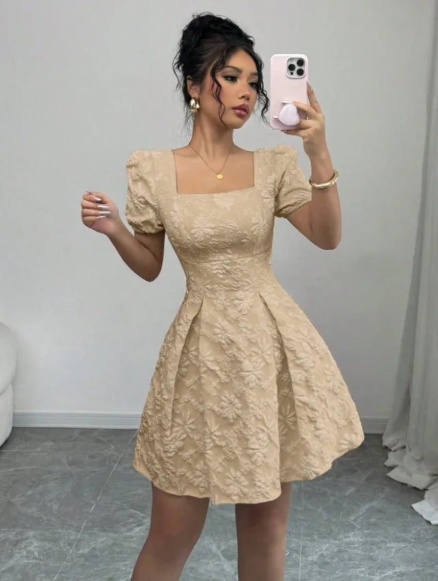 Boho Dresses for Women Summer Square Neck Short Sleeve A-Line Dress Women's Office Commuting Versatile Beach Vacation Dress
