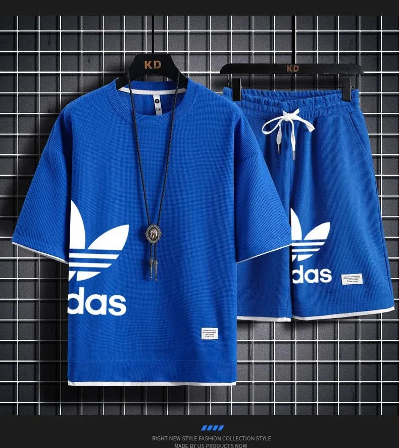 New Men's pullover sportswear Set, fashionable basketball men's casual short-sleeved T-shirt + shorts two-piece set