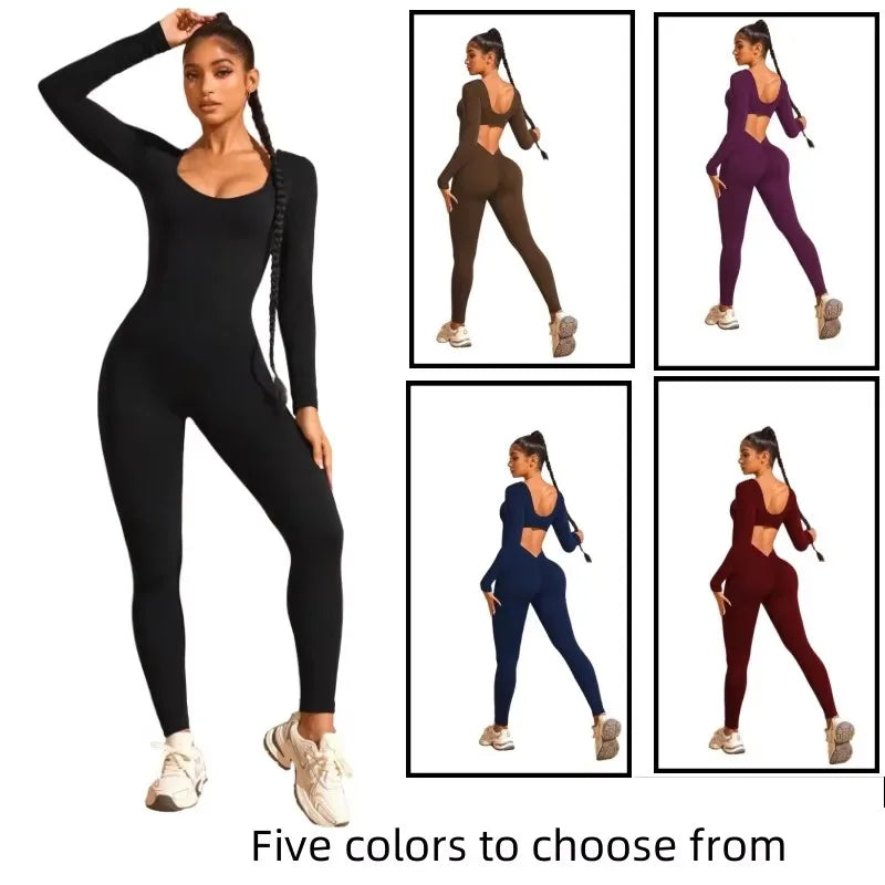 Long-sleeved jumpsuits, back cut-out design, beautiful hip line, suitable for sports and exercise