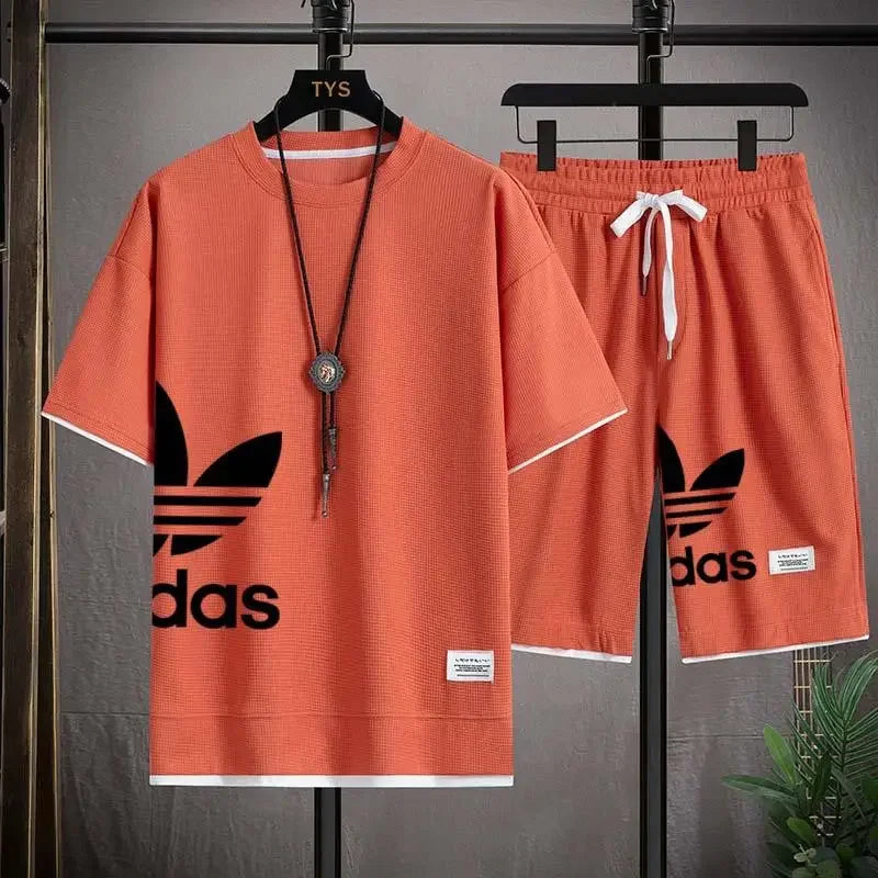 New Men's pullover sportswear Set, fashionable basketball men's casual short-sleeved T-shirt + shorts two-piece set