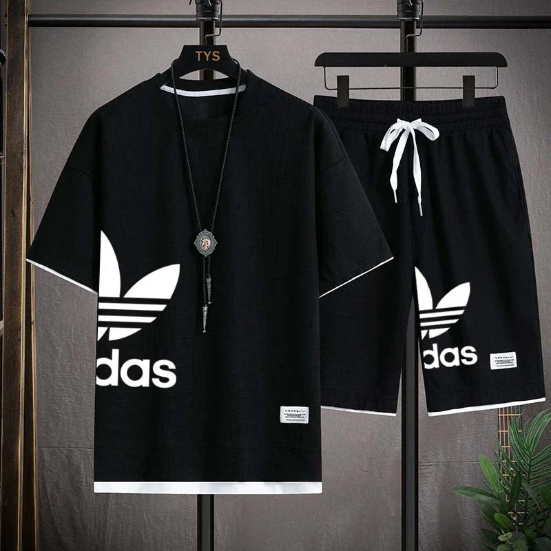 New Men's pullover sportswear Set, fashionable basketball men's casual short-sleeved T-shirt + shorts two-piece set
