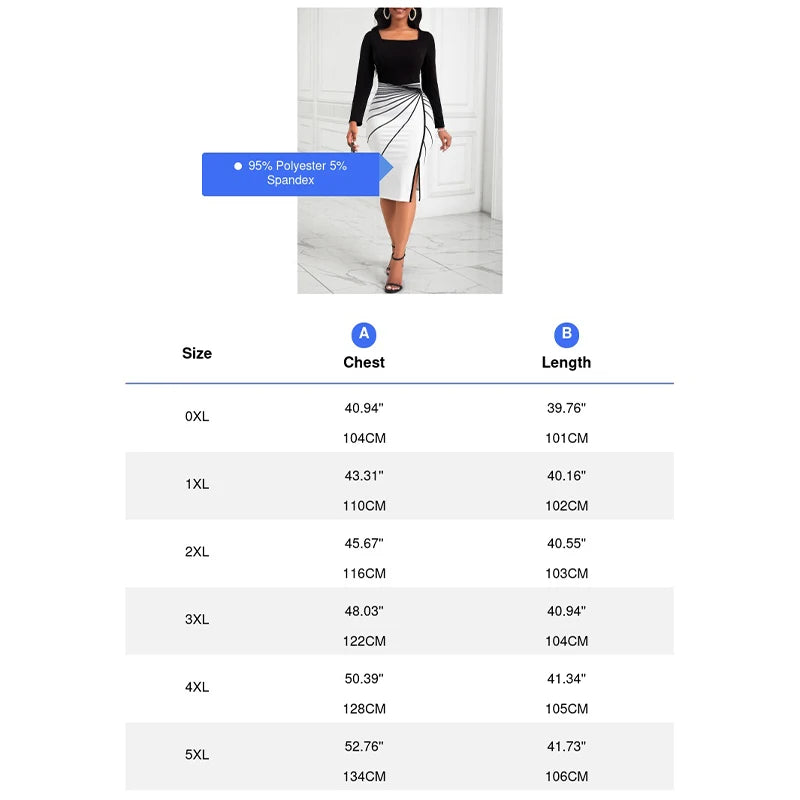 Plus Size Women's Elegant Geometric Pattern Color Contrast Printed Long-Sleeve Bodycon Slit Elastic Dress
