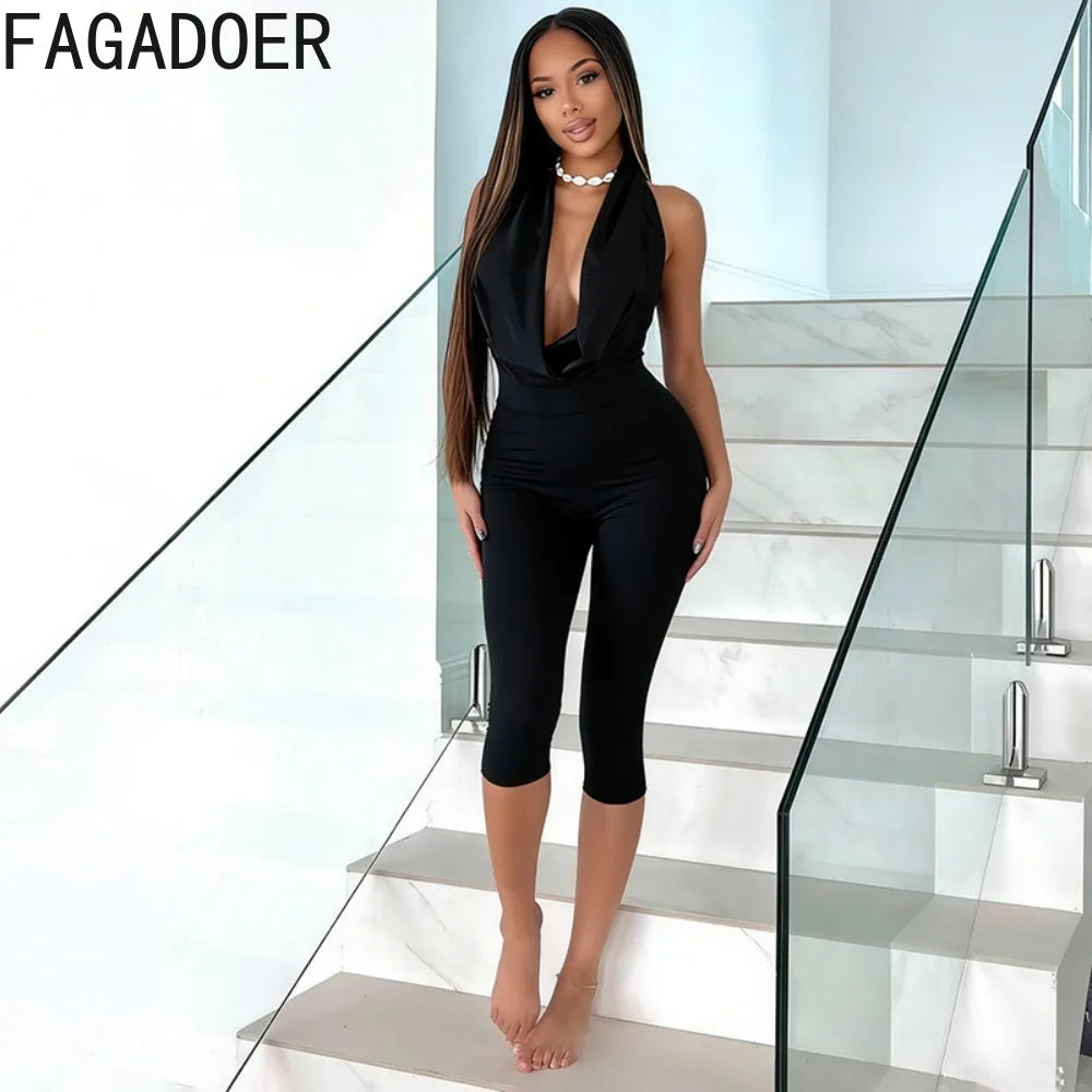 FAGADOER Sexy Bandage Bodycon Jumpsuits for Women Halter Deep V-neck Sleeveless Backless Rompers Female Streetwear Overalls New