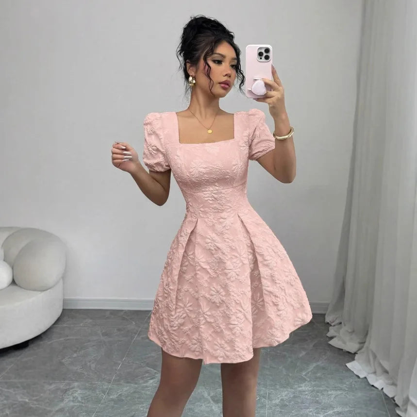 Boho Dresses for Women Summer Square Neck Short Sleeve A-Line Dress Women's Office Commuting Versatile Beach Vacation Dress