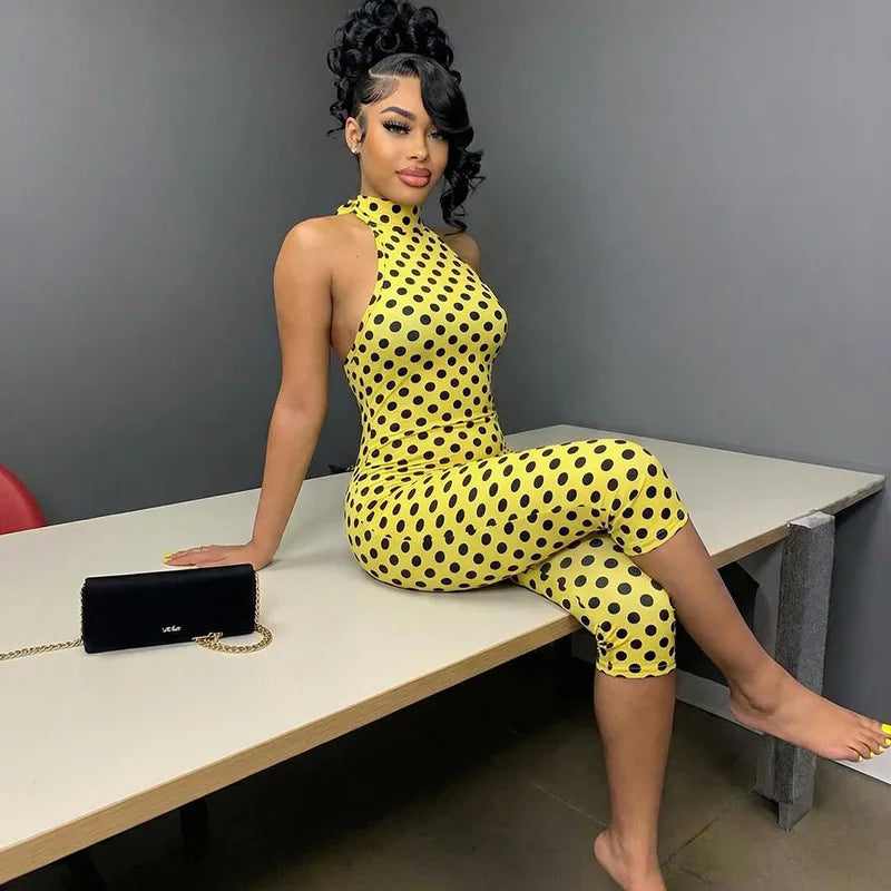 FAGADOER Fashion Color Dot Printing Bodycon Jumpsuits Woman Halter Sleeveless Backless Rompers Female Streetwear Overalls