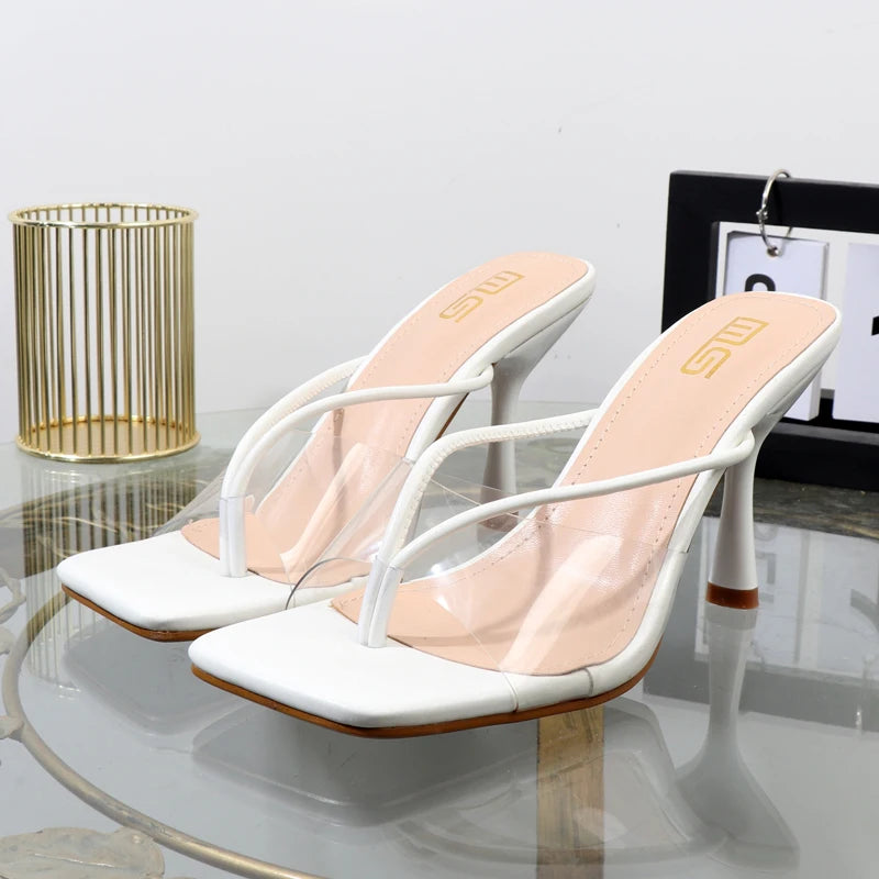 Women's Shoes 2025 Designer Luxury New Stiletto Flip Flops Clip Toe Outdoor Transparent Slippers Black Temperament Sandals 9CM