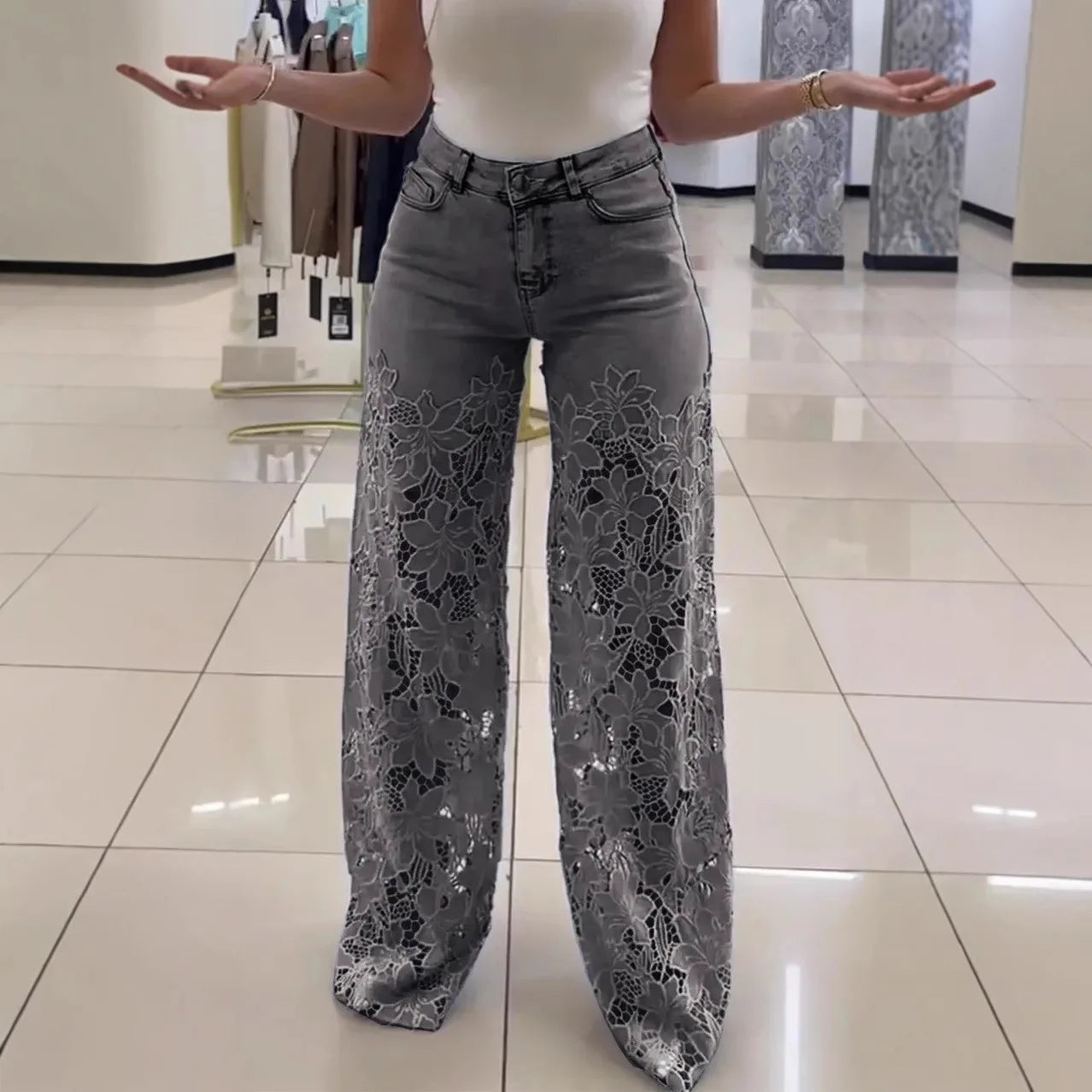 Fashion Elegant Jeans for Women High Waist Lace Patchwork Pants Hollow Out Oversized Spring Casual Loose All Match Pants
