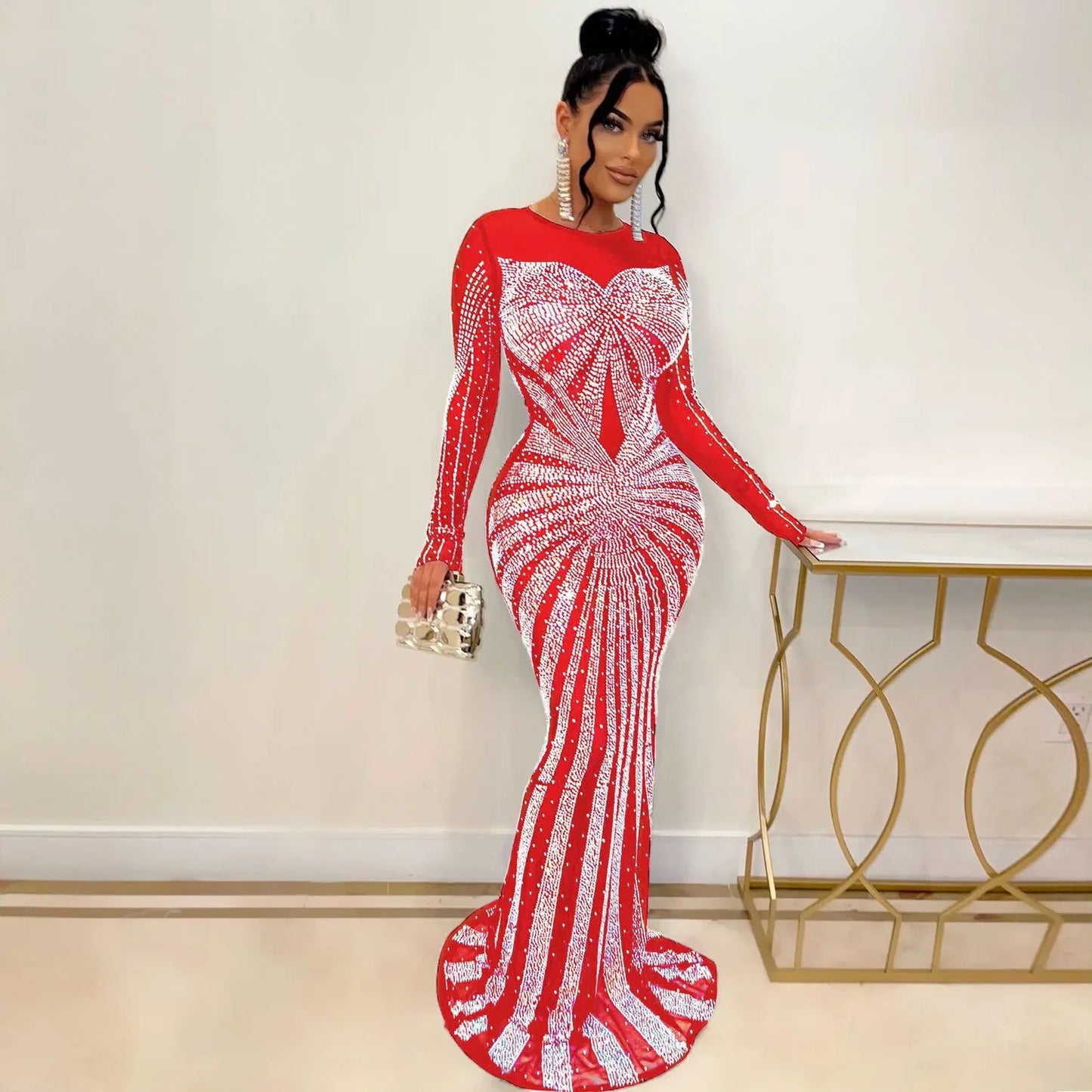 Women's Floor-Length Dress Round Neck Full Sleeve Party Gown Hot Drilling Hip Wrap Sexy Vestidos Evening Slim Fit