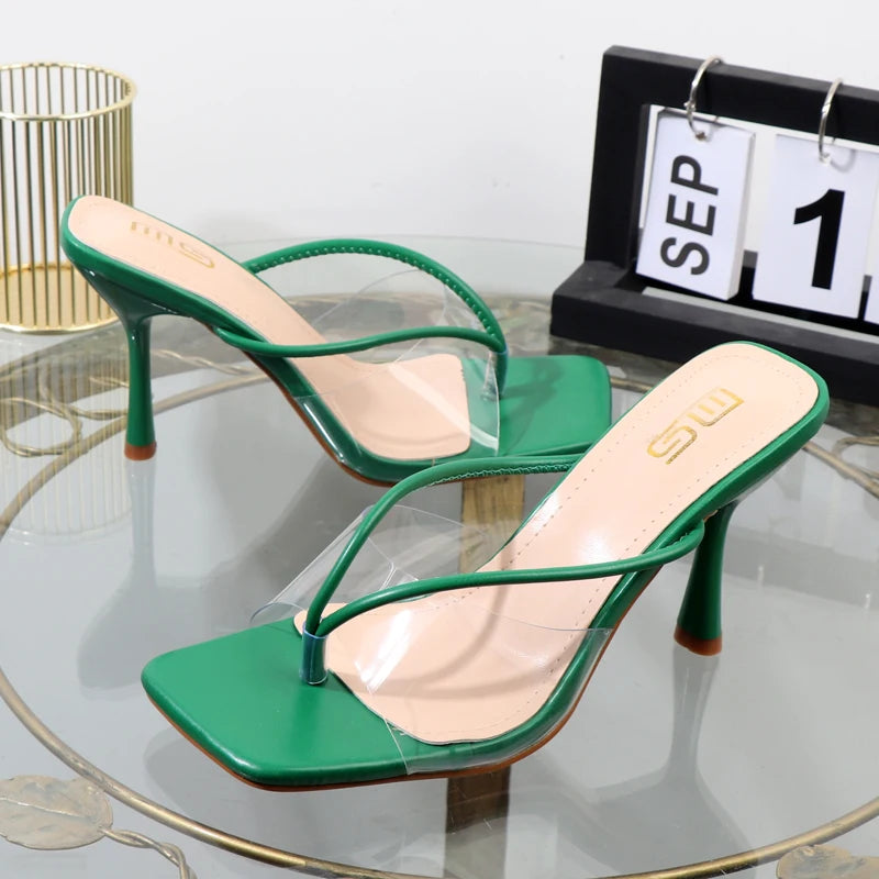 Women's Shoes 2025 Designer Luxury New Stiletto Flip Flops Clip Toe Outdoor Transparent Slippers Black Temperament Sandals 9CM