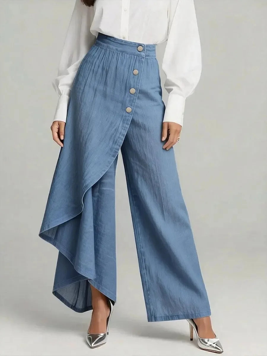 Irregular Imitation Jeans Spring Summer Women's Long Hem Solid Color Casual Single-breasted Loose Trousers